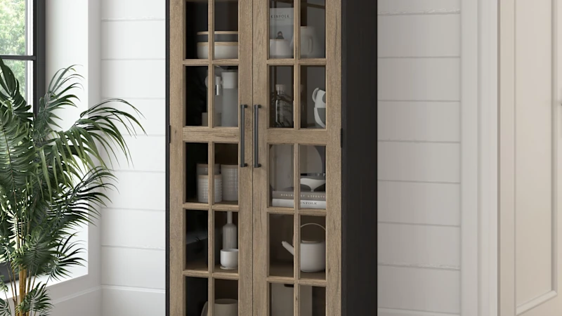 Westbrook Curio Cabinet with Glass Doors in Vintage Black/Restored Tan Hickory