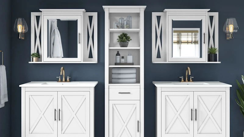 Key West 64W Double Vanity Set with Sinks, Medicine Cabinets and Linen Tower