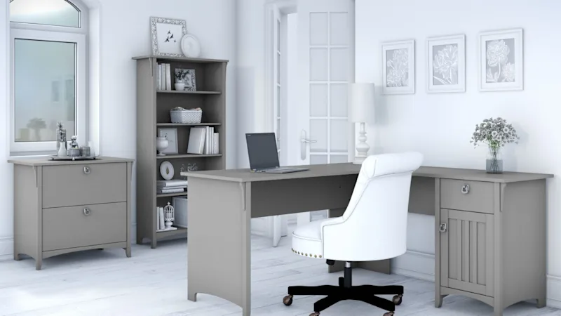 Salinas 60W L Shaped Desk with Lateral File Cabinet and 5 Shelf Bookcase