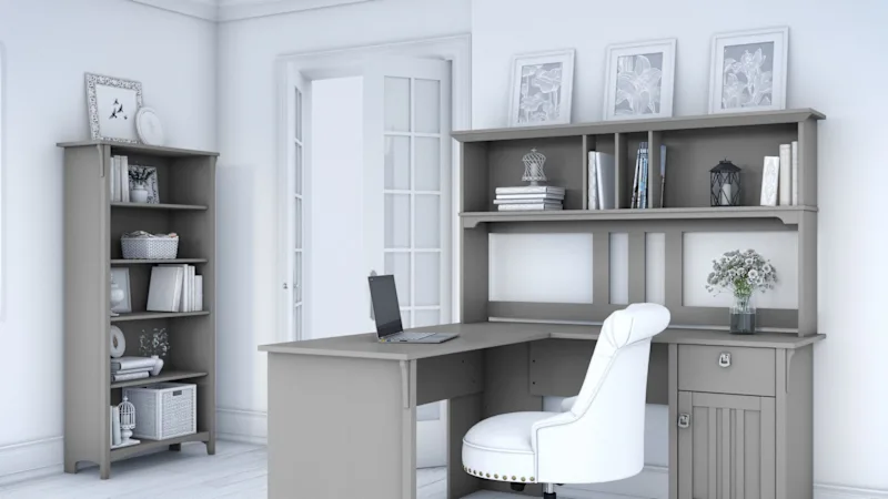 Salinas 60W L Shaped Desk with Hutch and 5 Shelf Bookcase in Cape Cod Gray