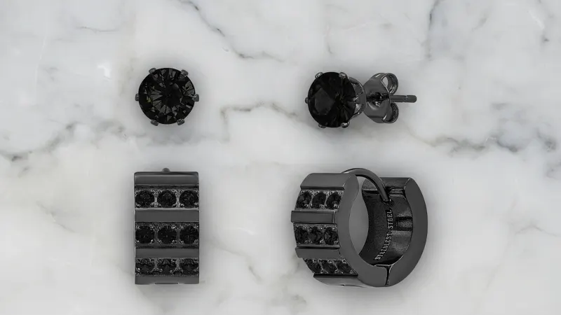 Steeltime Simulated Diamond Studs & Stacked Huggie Hoop Earrings Set