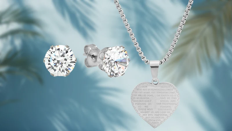Steeltime Heart Shaped "Our Father" Prayer Pendant & Simulated Diamonds