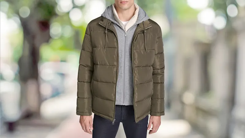 Kenneth Cole New York Men's Hooded Puffer with Inner Jersey Knit Bib