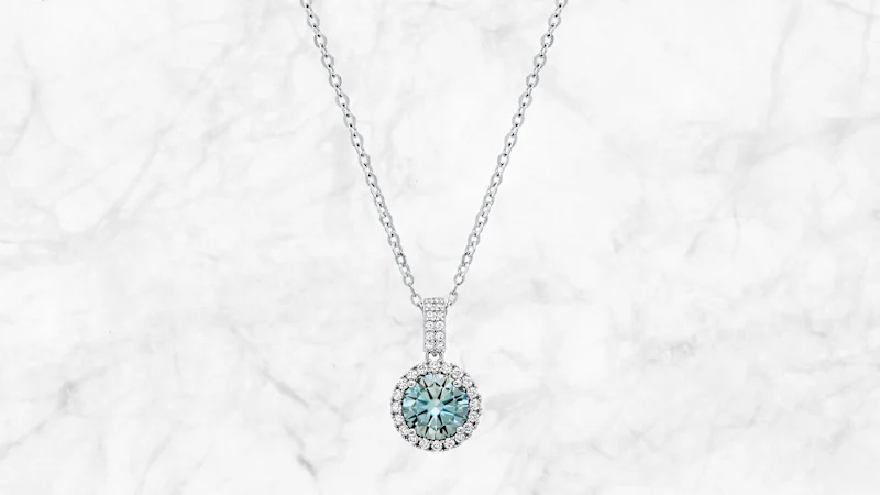 Saffron 1.0 Carat TW Turquoise Moissanite Halo Pendant Sterling Silver Necklace
