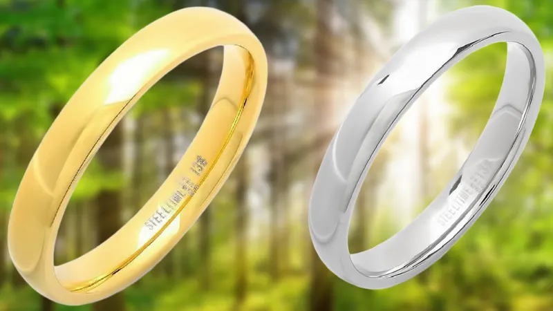 Steeltime Set of 2 High Polished 18k Gold Plated & Stainless Steel Rings