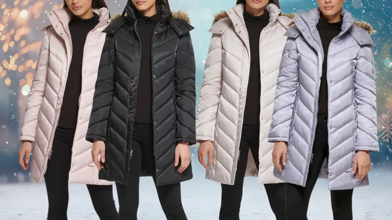 Kenneth Cole Mid-Length Chevron Quilted Puffer Jacket with Faux Fur Trim