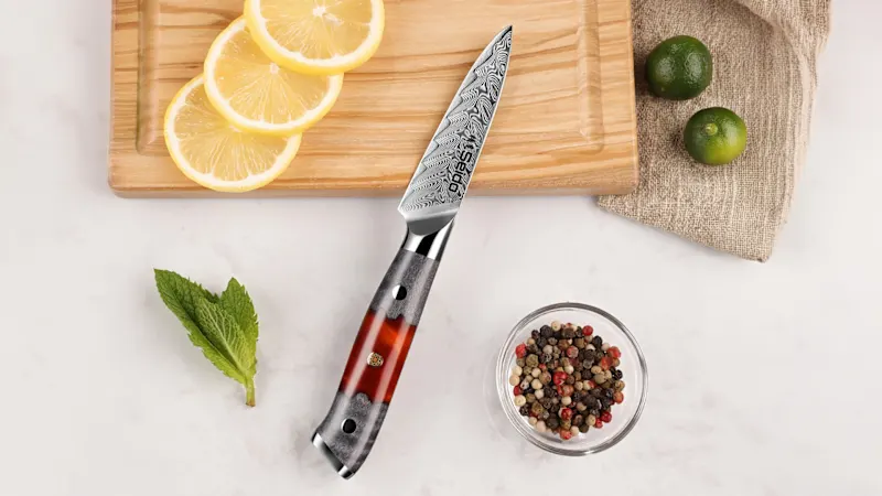The Inferuno Damascus Paring Knife