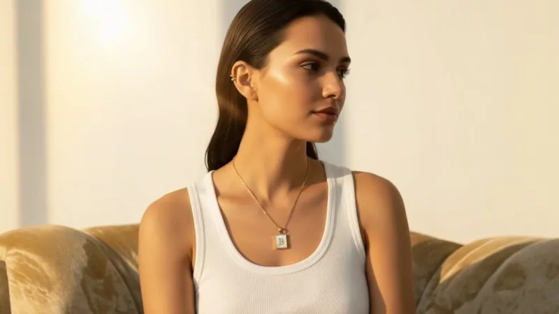 Saffron Initial Letter Frame Pendant Necklace with Mother of Pearl Inlay