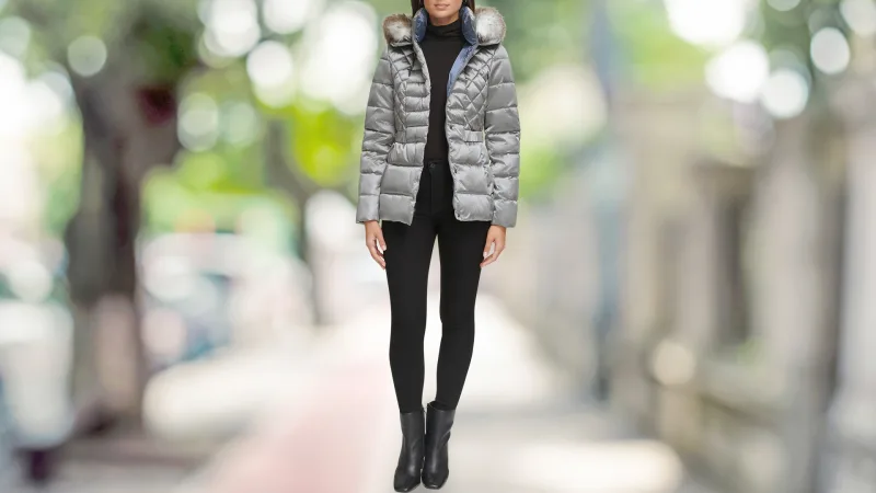 Kenneth Cole Mixed Quilted Metallic Puffer with Faux Fur Trimmed Hood