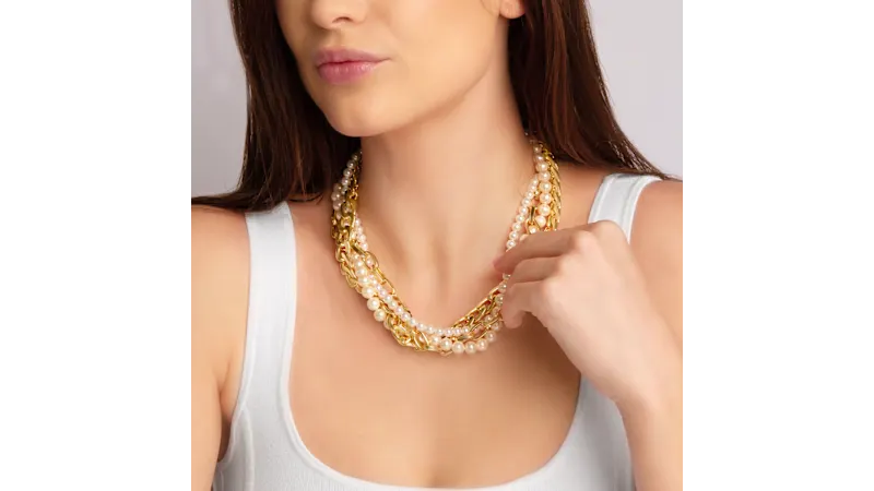 Martha Stewart Four Twisted Strand Pearl and Chain Necklace Gold 18-21"