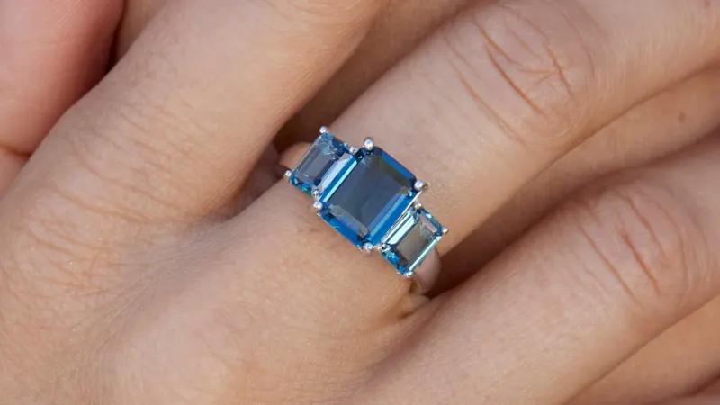 Savvy Cie Emerald Cut London Blue Cubic Zirconia 3-Stone Ring