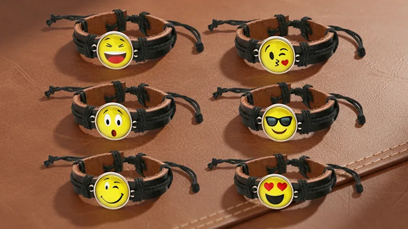 Steeltime Set of 6 Brown Leather Drawstring Assorted Emoji Bracelets