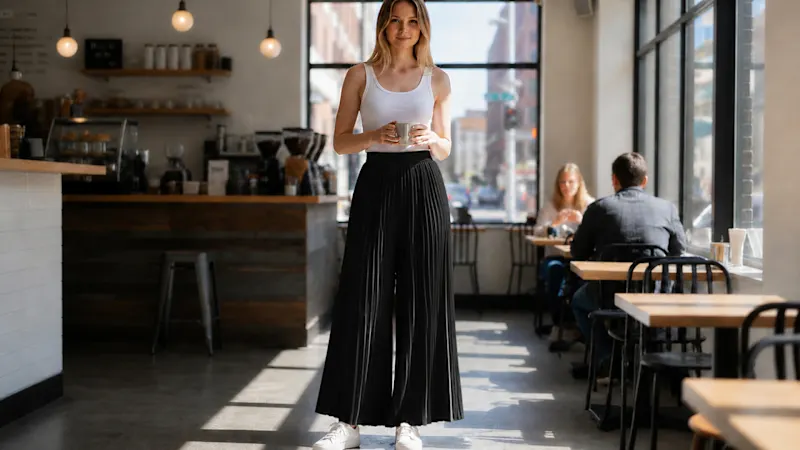 WynneLayers Pull-On Pleated Pant with Chiffon Overlay