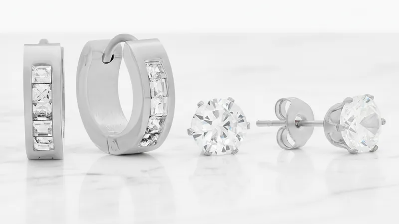 Steeltime Simulated Diamond Studs & Huggie Hoop Earrings
