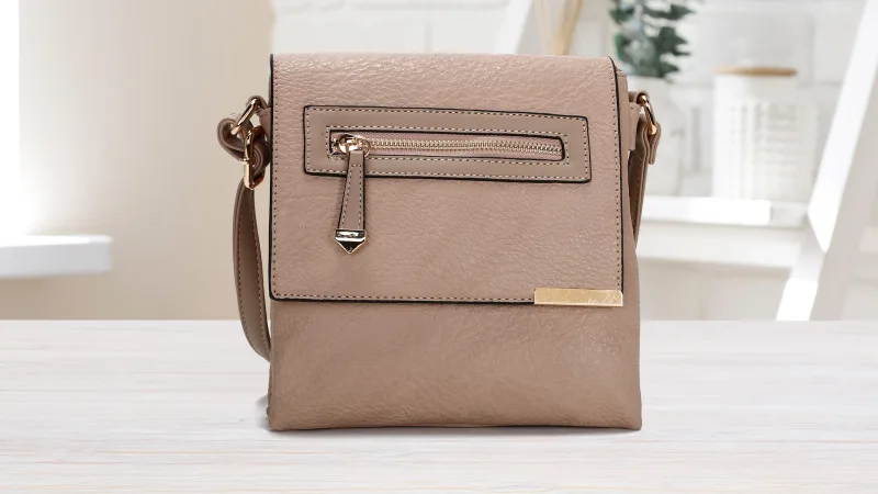 La Terre Vegan Leather Crossbody With Zip Pocket Flap And Metal Trim Detail