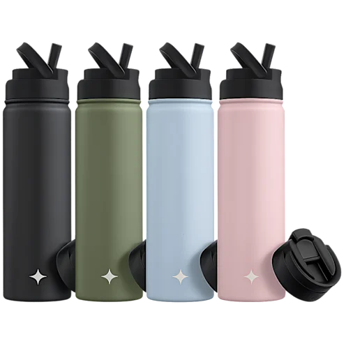 4-Pack: JoyJolt 22oz Water Bottle with Included Flip & Sport Straw Lids (Black, Green, Blue or Pink)