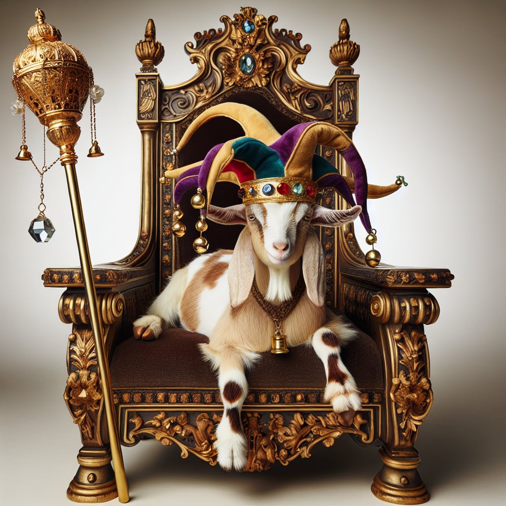 AI-generated goat sitting on a throne, wearing a jester's cap