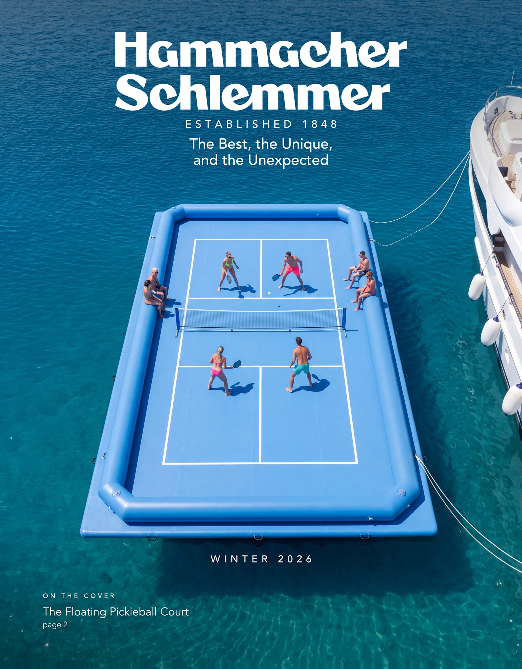 Hammacher Schlemmer Winter 2026 cover: The Floating Pickleball Court