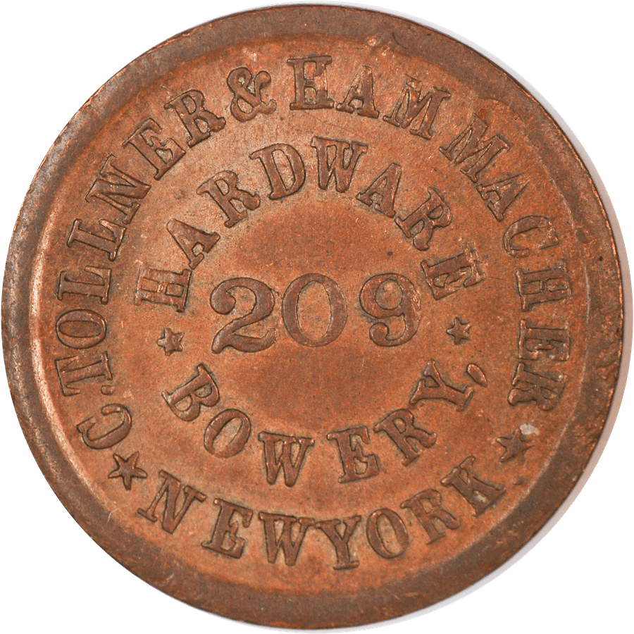 C. Tollner & Hammacher Hardware token, 209 Bowery, New York, 1863