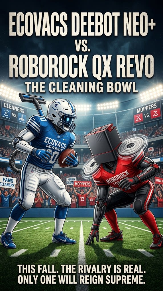 A movie poster Ecovacs Deebot Neo+ vs. Roborock QX Revo, in the style of a college football rivalry match