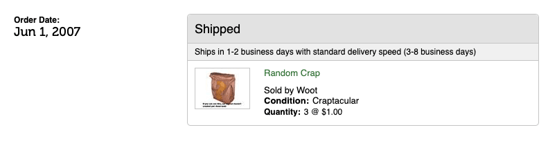 photo of an order for a bag of crap from june 2007