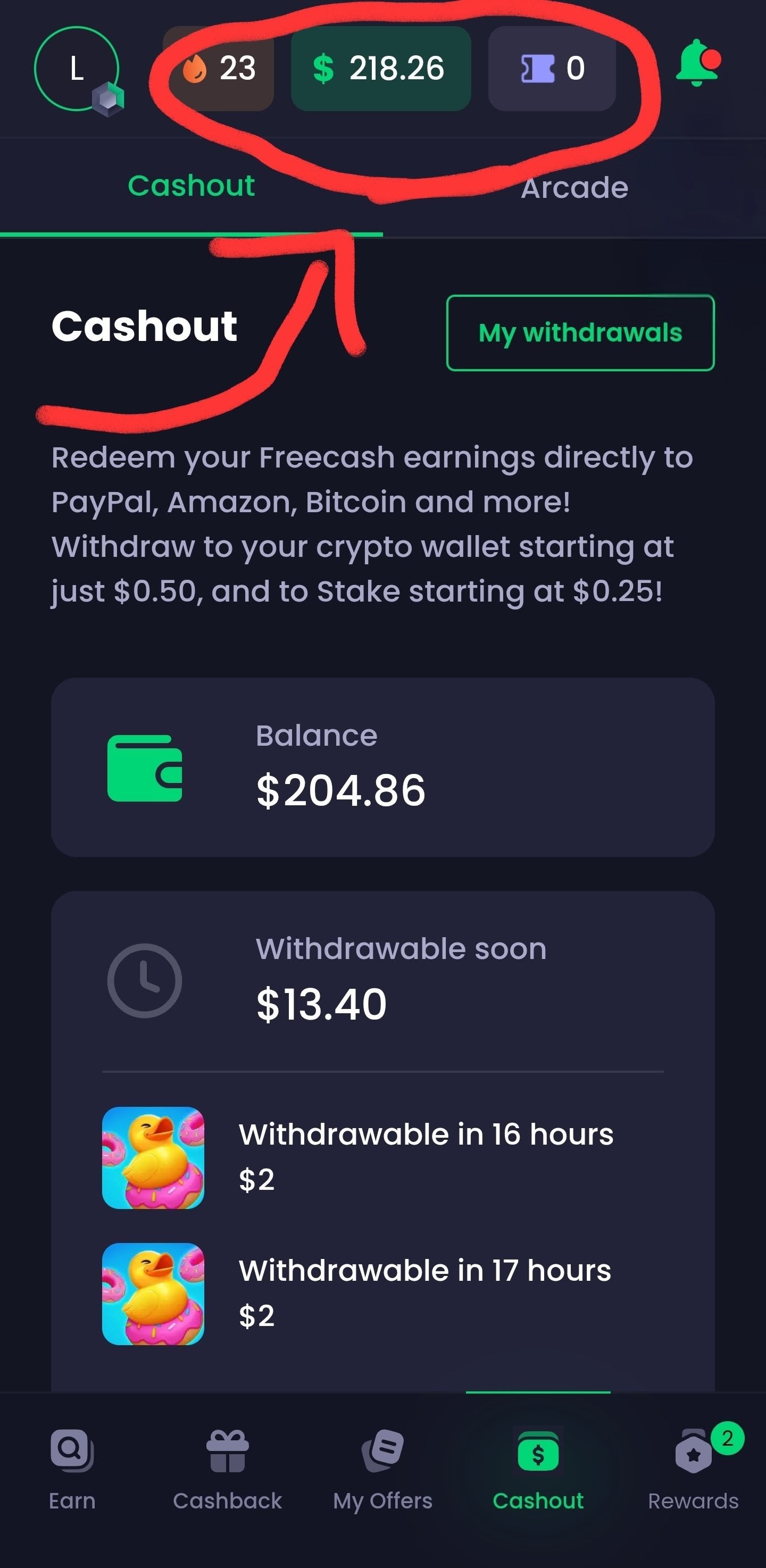 my rewards are circled in red up top ā