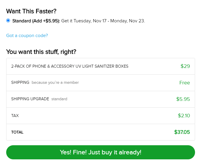 Screenshot of checkout