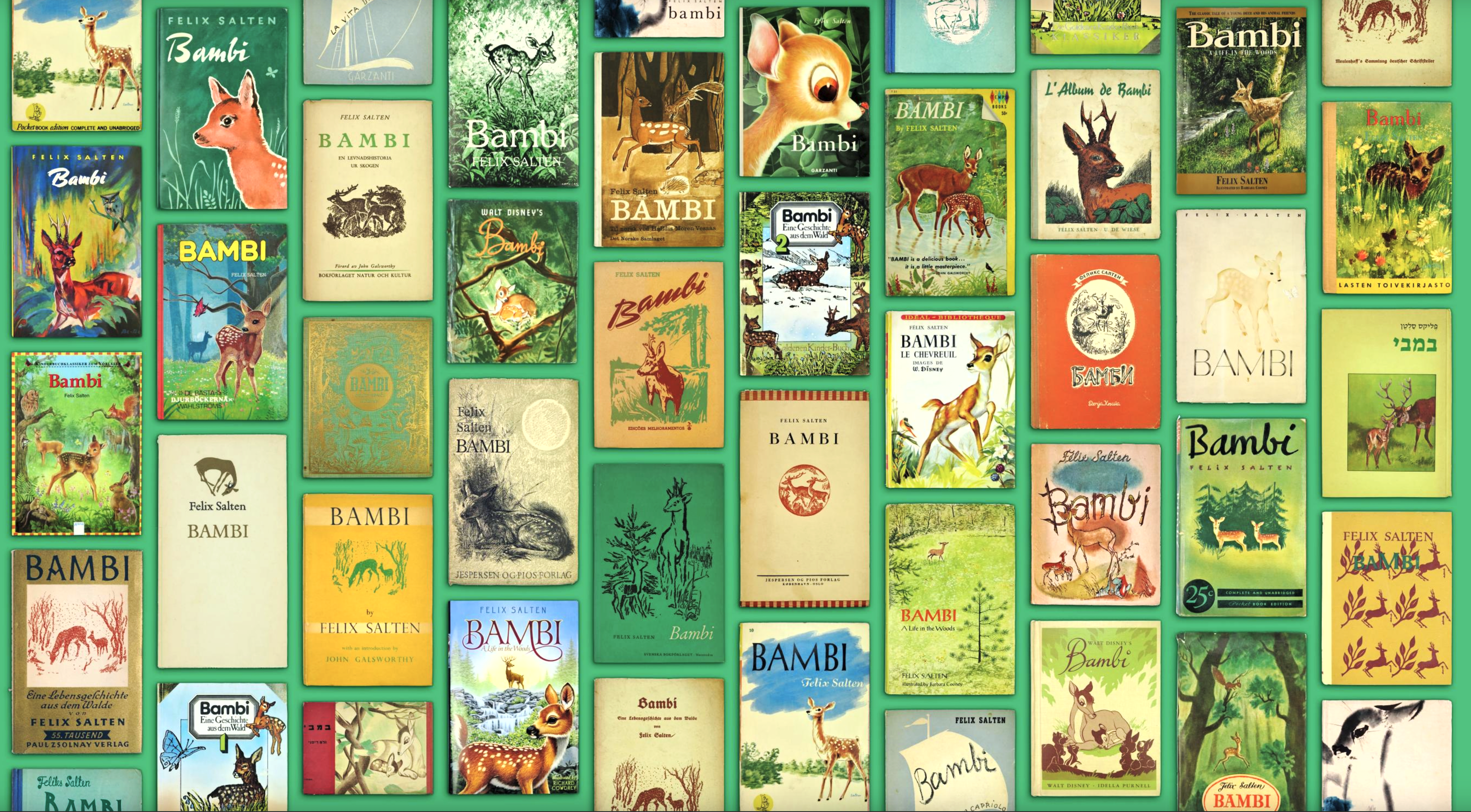 Collage of Bambi covers from the opening spread of a museum catalog