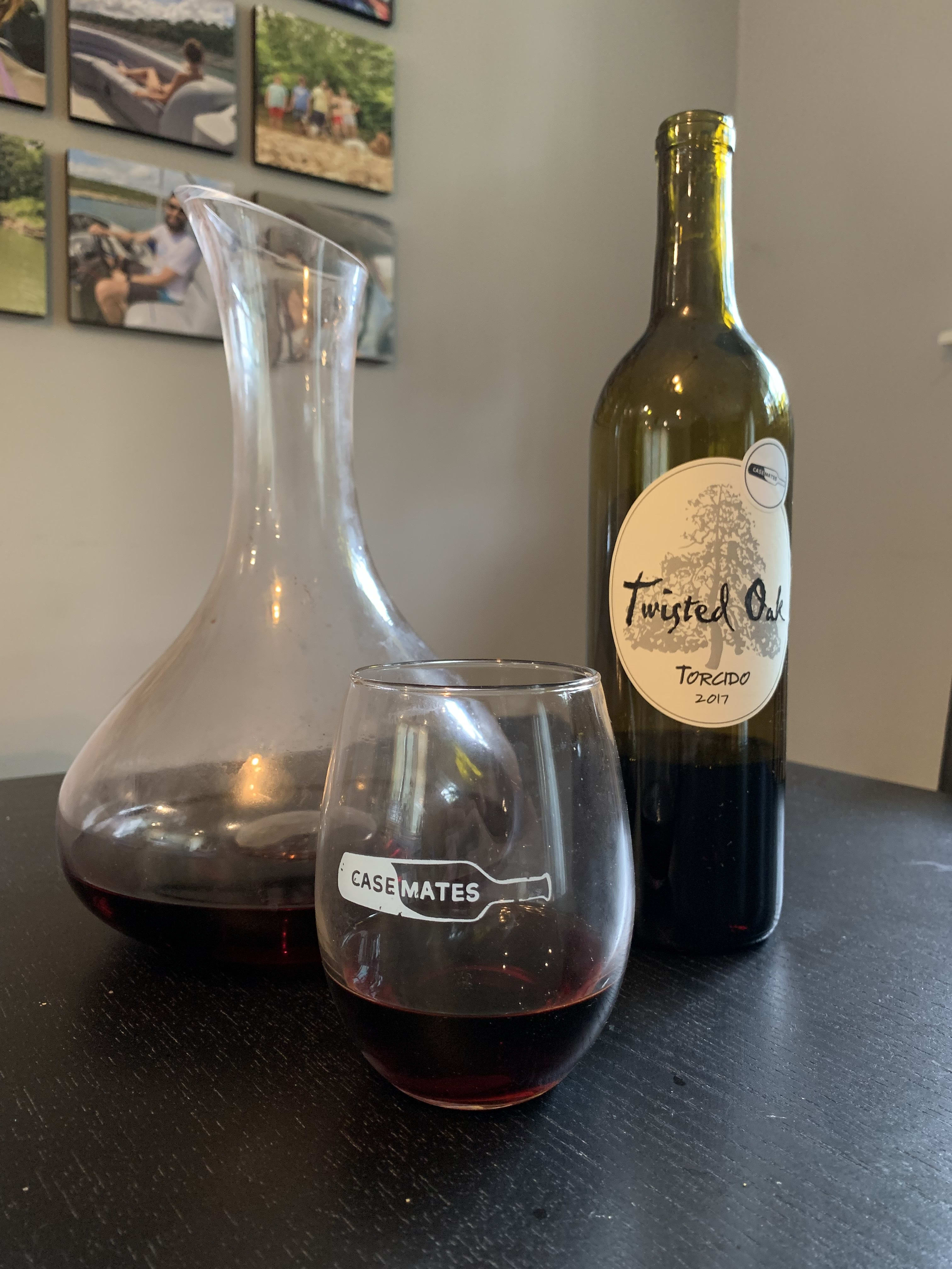 Twisted Oak Torcido bottle, glass, and decanter