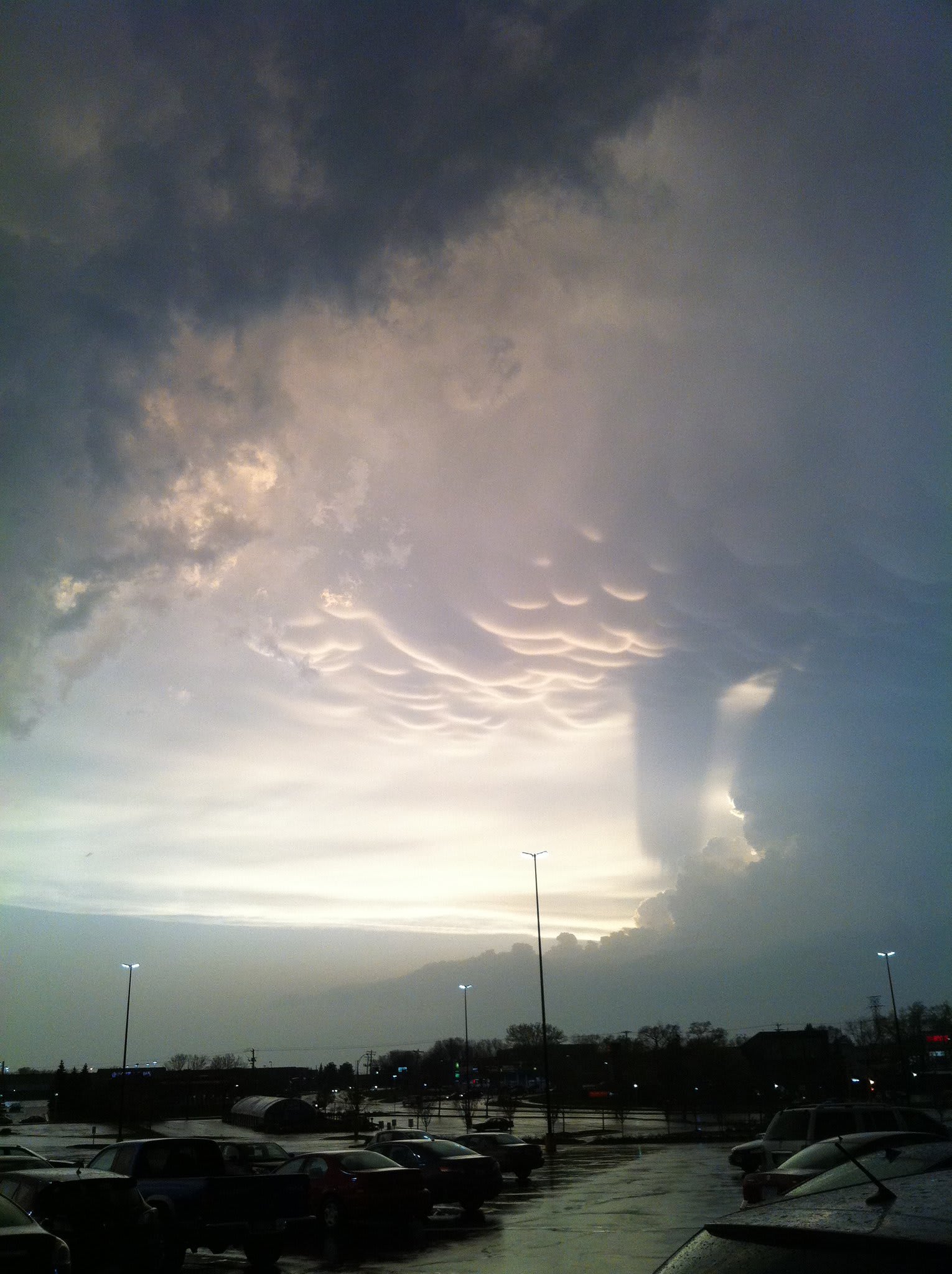 View from Rosedale Mall, MN, 8:35 pm on May 10, 2011. Looking W/NW. Mammatus, cumulonimbus, cirrostratus, and virga all in one shot!