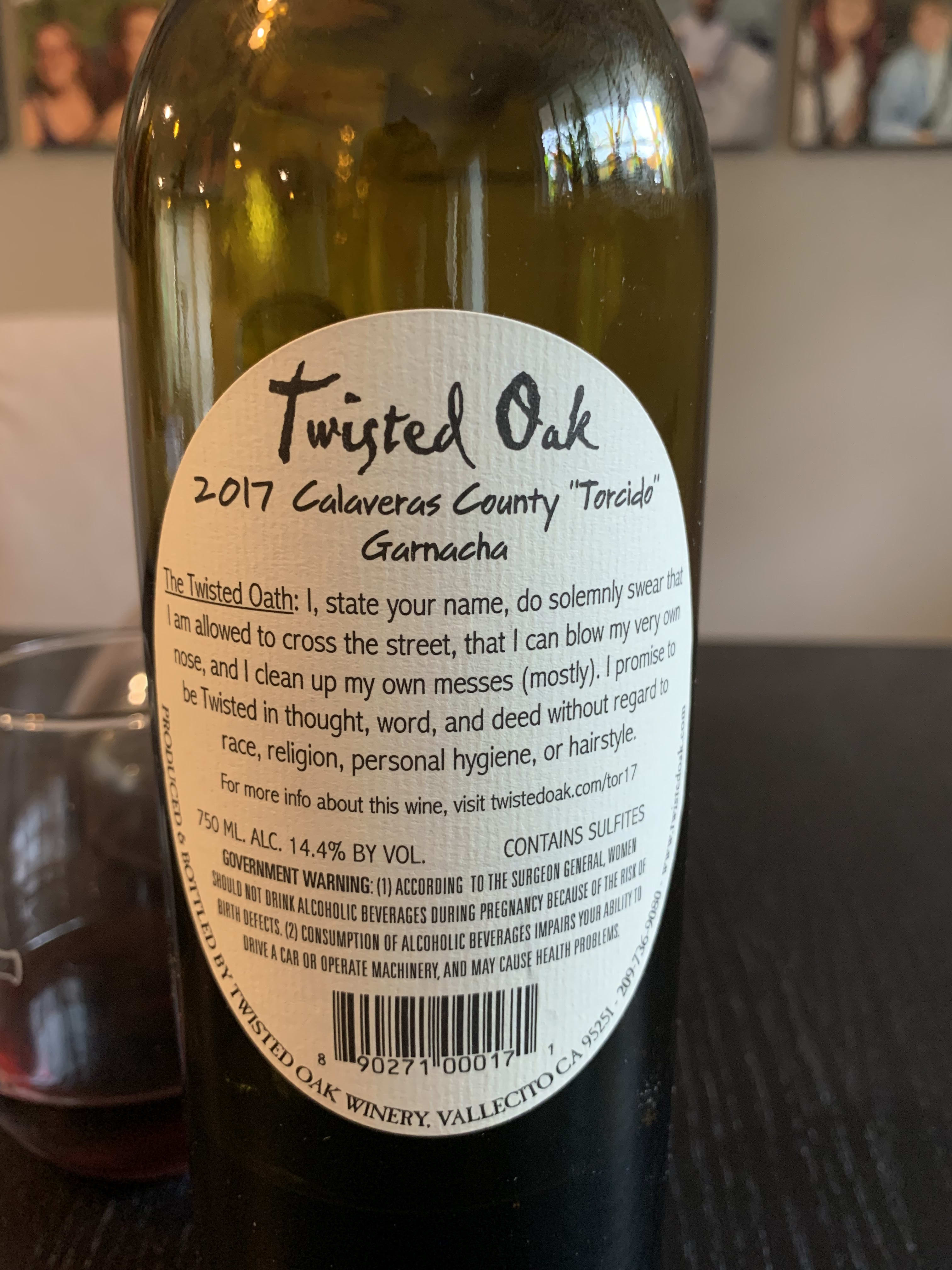 Twisted Oak Torcido back label