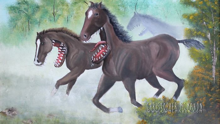 thrift shop painting of horses with scary teeth added