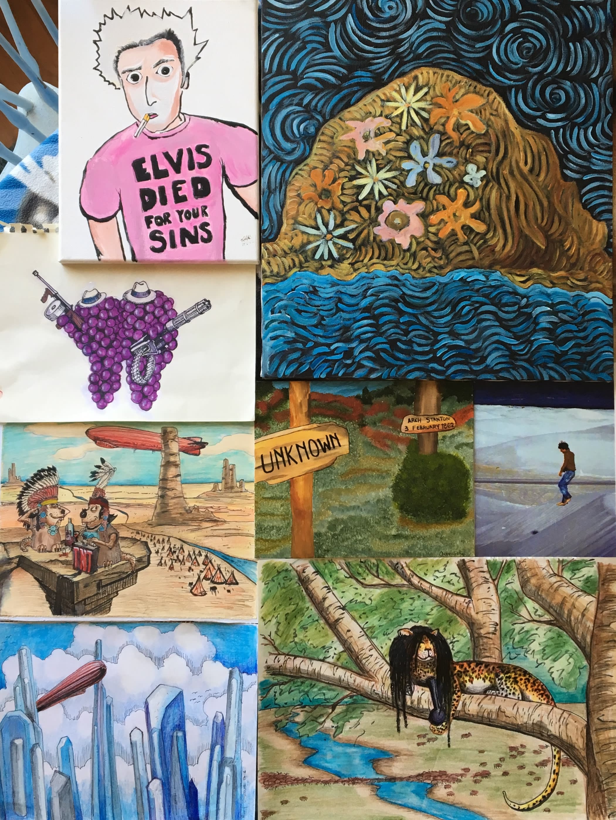Eight pieces of art, but only six wine labels.  The other two, well . . . 