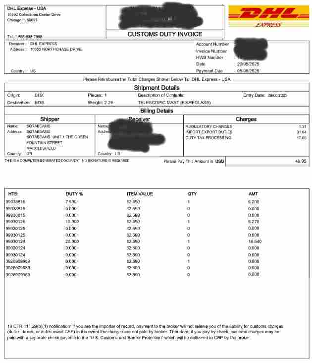 invoice for tariffs