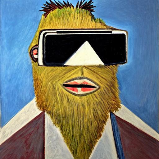 Sasquatch wearing Apple VR Goggles, portrait by Pablo Picasso